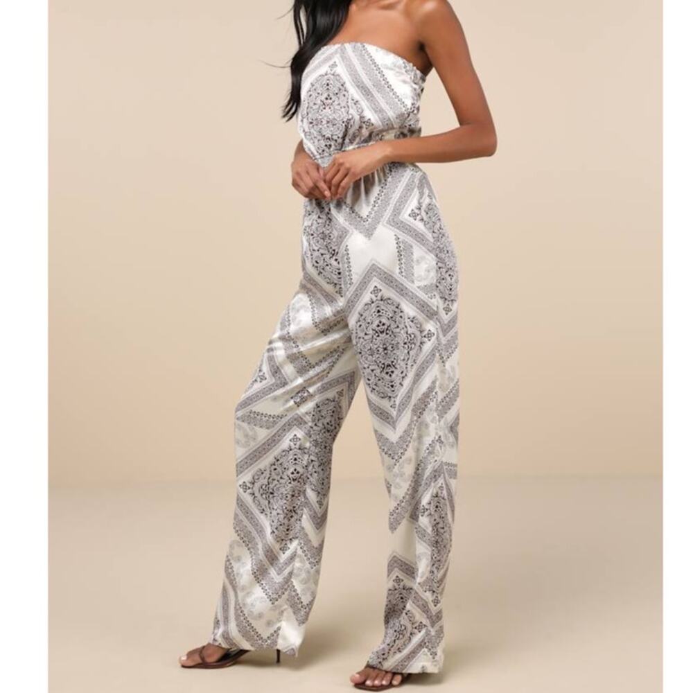 NEW Lulus Western Direction Ivory Scarf Print Woven Satin Strapless Jumpsuit XS